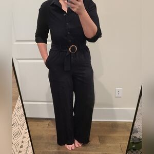Loft Black Belted Long Sleeve Wide Leg Jumpsuit